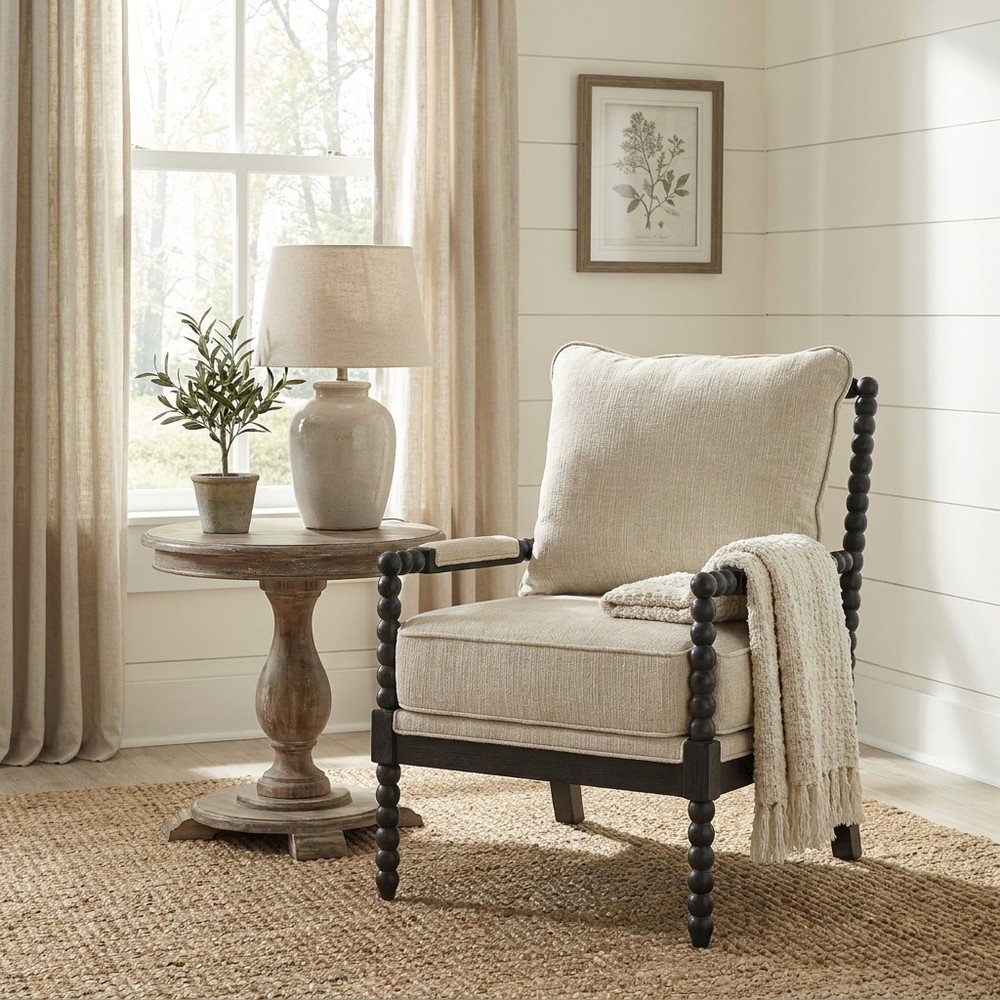 Polyester-Upholstered Spindle Accent Chair with Steel and Fir Frame, Linen