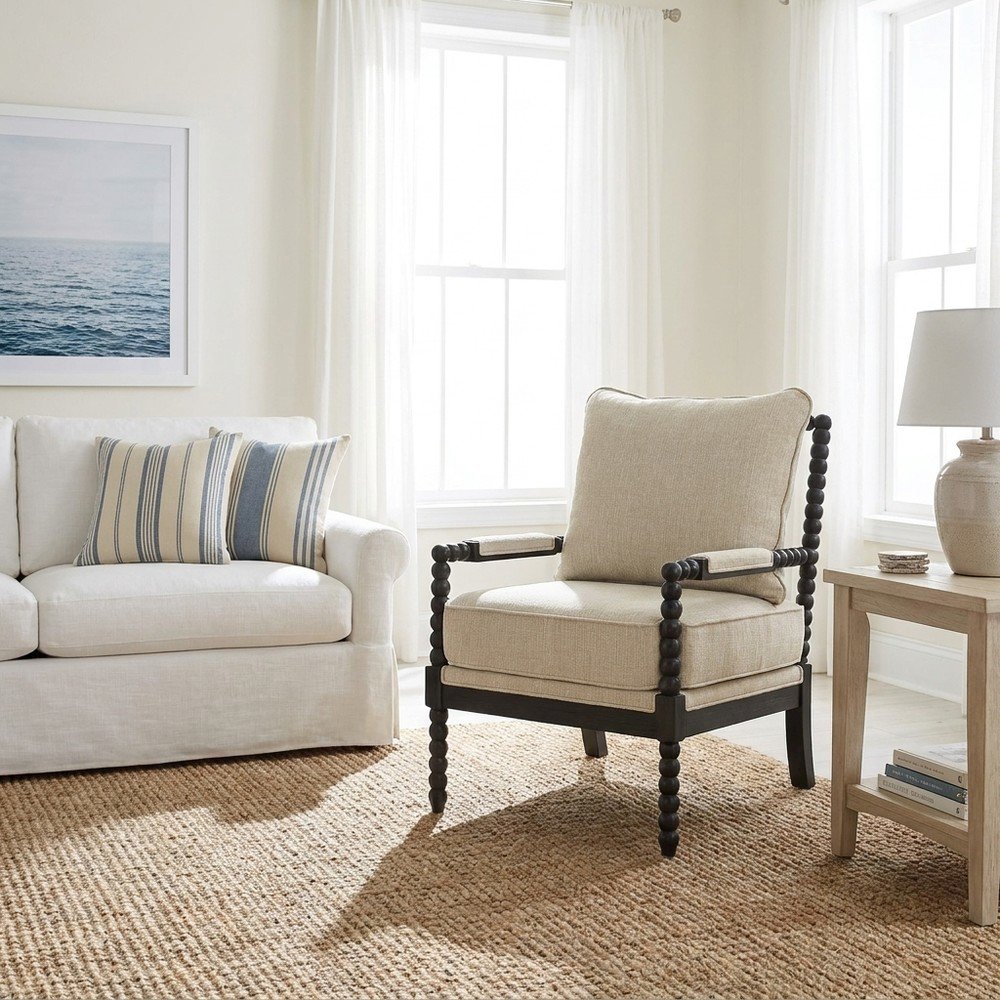 Polyester-Upholstered Spindle Accent Chair with Steel and Fir Frame, Linen