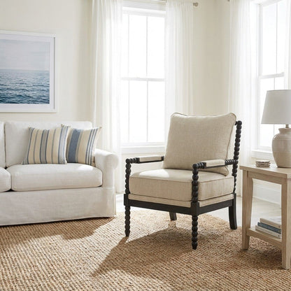Polyester-Upholstered Spindle Accent Chair with Steel and Fir Frame, Linen