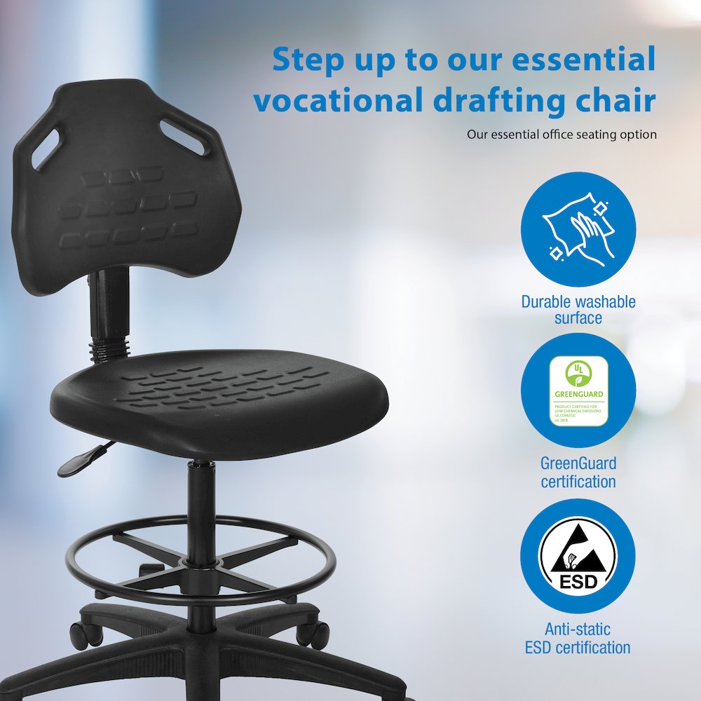 Black Skinned Urethane Drafting Chair With Adjustable Black Footrest And Casters
