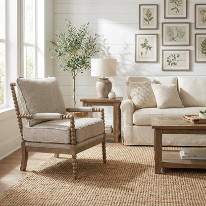 Polyester Spindle Accent Chair with Rubberwood Frame for Living Room, Fog