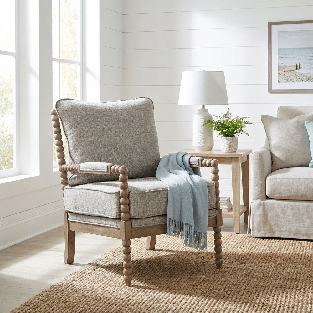 Polyester Spindle Accent Chair with Rubberwood Frame for Living Room, Fog