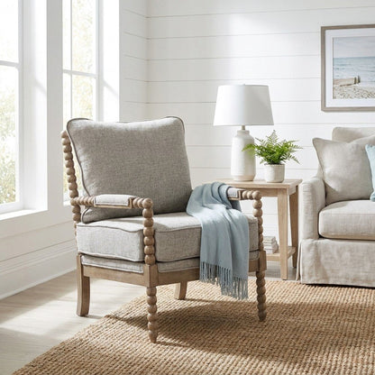 Polyester Spindle Accent Chair with Rubberwood Frame for Living Room, Fog