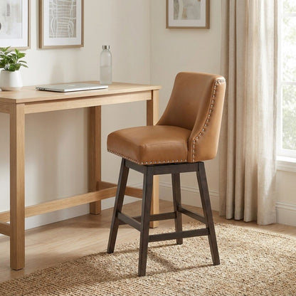 Rubberwood Swivel Counter Stool with Upholstered Seat and Back, Camel/Grey
