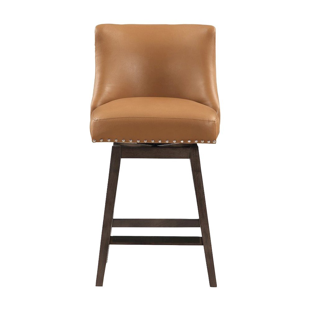 Rubberwood Swivel Counter Stool with Upholstered Seat and Back, Camel/Grey