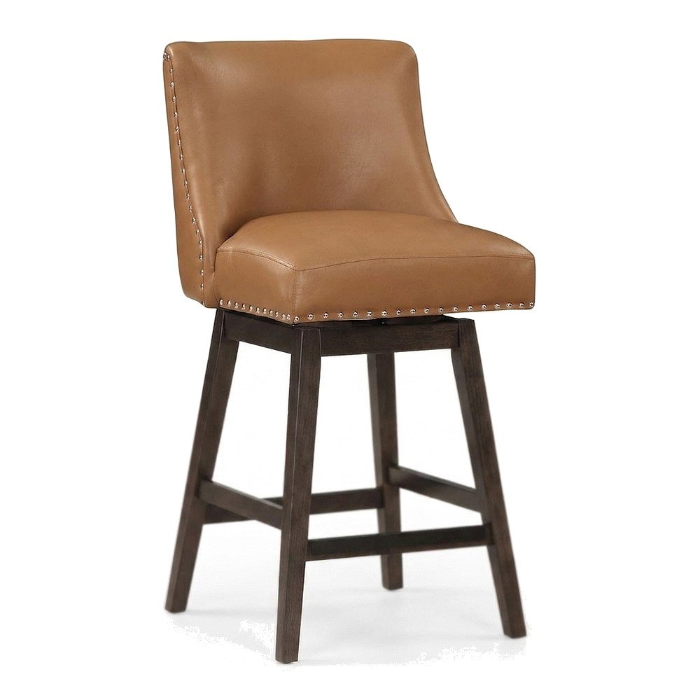Rubberwood Swivel Counter Stool with Upholstered Seat and Back, Camel/Grey