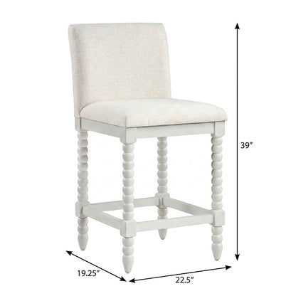 Spindle-Back Farmhouse Counter Stool with Polyester Seat, Linen / Antique White