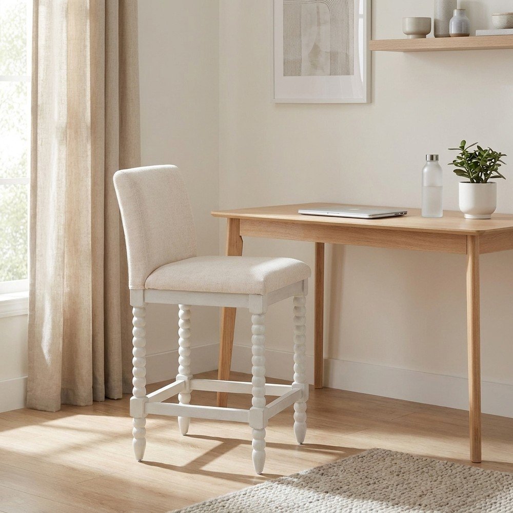 Spindle-Back Farmhouse Counter Stool with Polyester Seat, Linen / Antique White