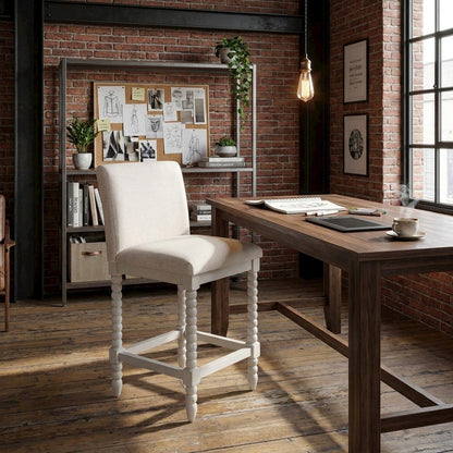 Spindle-Back Farmhouse Counter Stool with Polyester Seat, Linen / Antique White