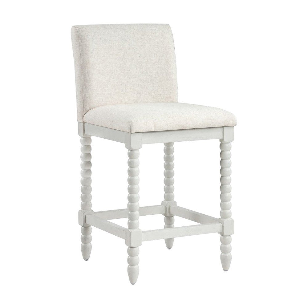 Spindle-Back Farmhouse Counter Stool with Polyester Seat, Linen / Antique White