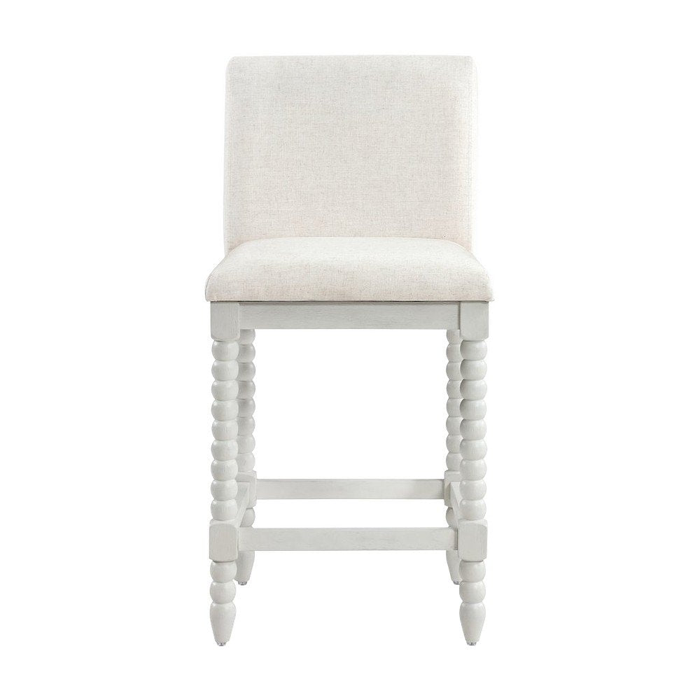 Spindle-Back Farmhouse Counter Stool with Polyester Seat, Linen / Antique White