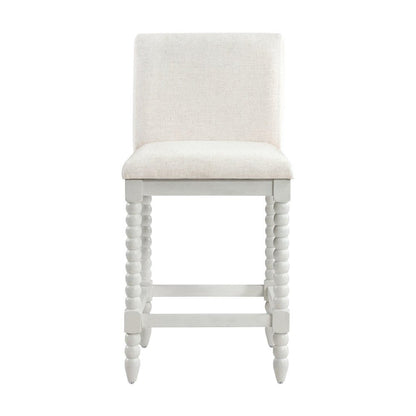 Spindle-Back Farmhouse Counter Stool with Polyester Seat, Linen / Antique White