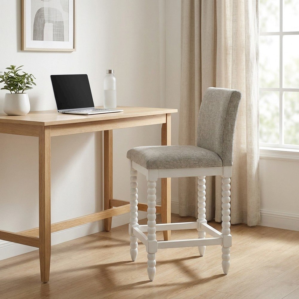Spindle-Back Farmhouse Counter Stool with Polyester Seat, Fog / Antique White