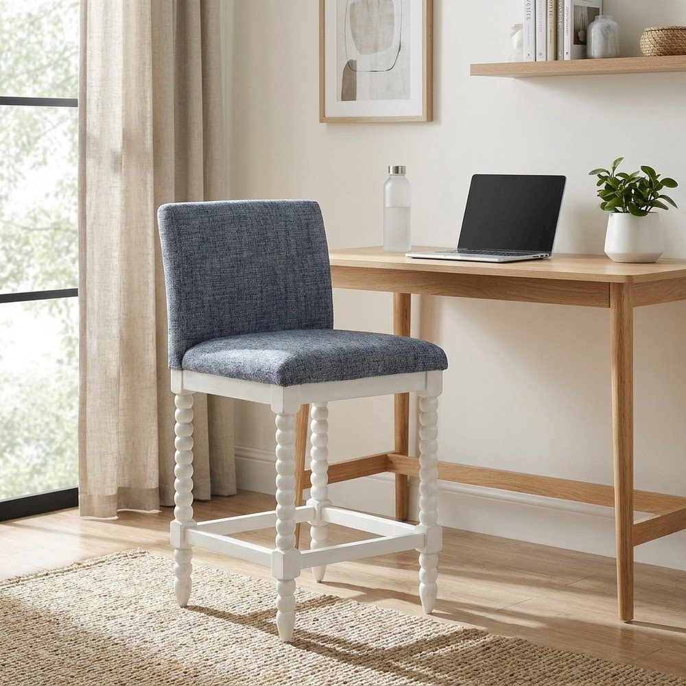 Spindle-Back Farmhouse Counter Stool with Polyester Seat, Indigo / Antique White