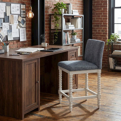 Spindle-Back Farmhouse Counter Stool with Polyester Seat, Indigo / Antique White