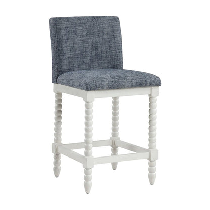Spindle-Back Farmhouse Counter Stool with Polyester Seat, Indigo / Antique White