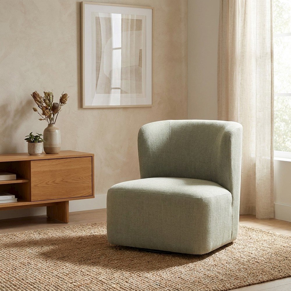 Polyester Upholstered Contemporary Swivel Accent Armchair with Steel Base, Fog