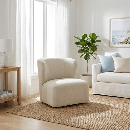Polyester Upholstered Contemporary Swivel Accent Armchair with Steel Base, Linen