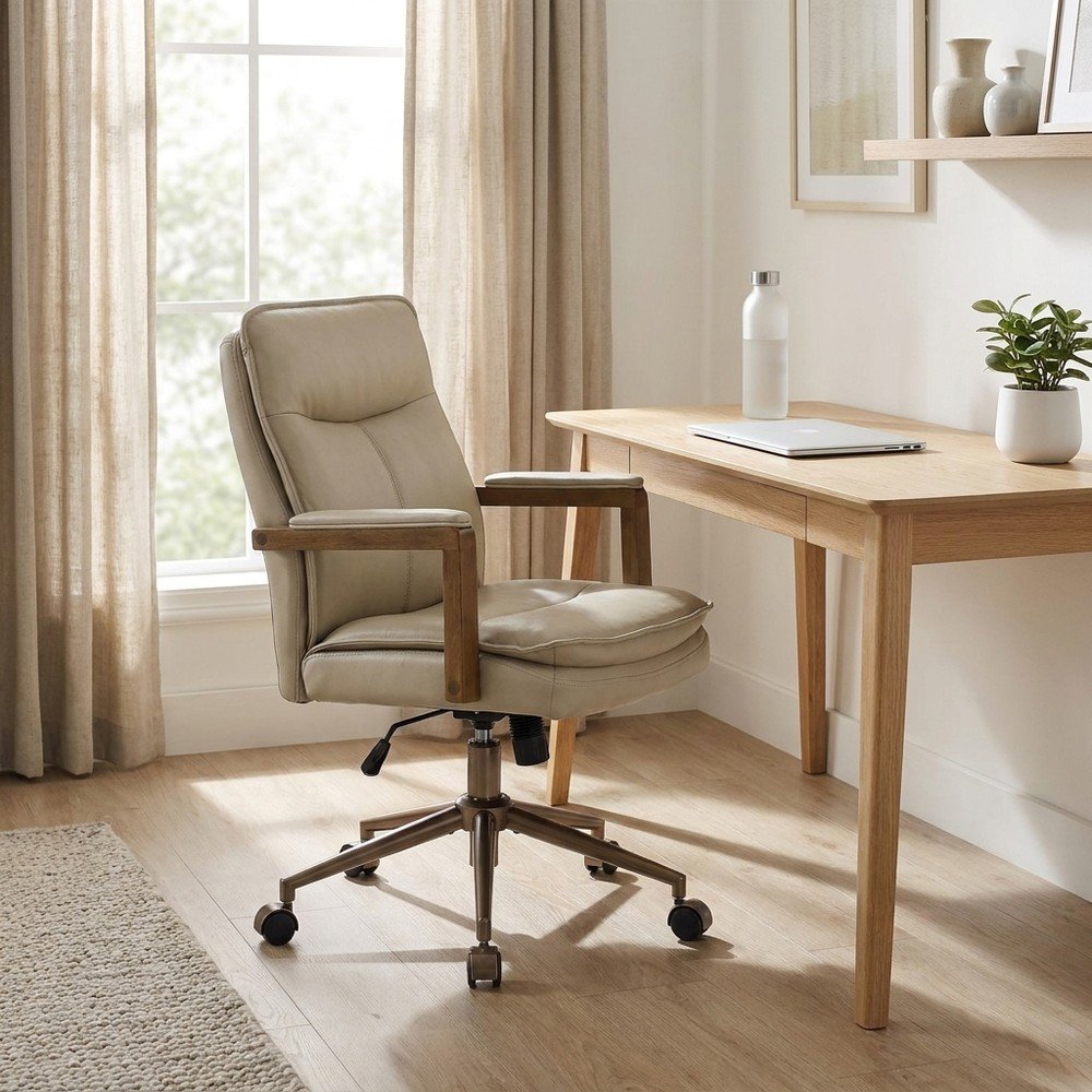 PU Leather Mid-Back Swivel Computer Desk Chair with Padded Seat and Arms, Taupe