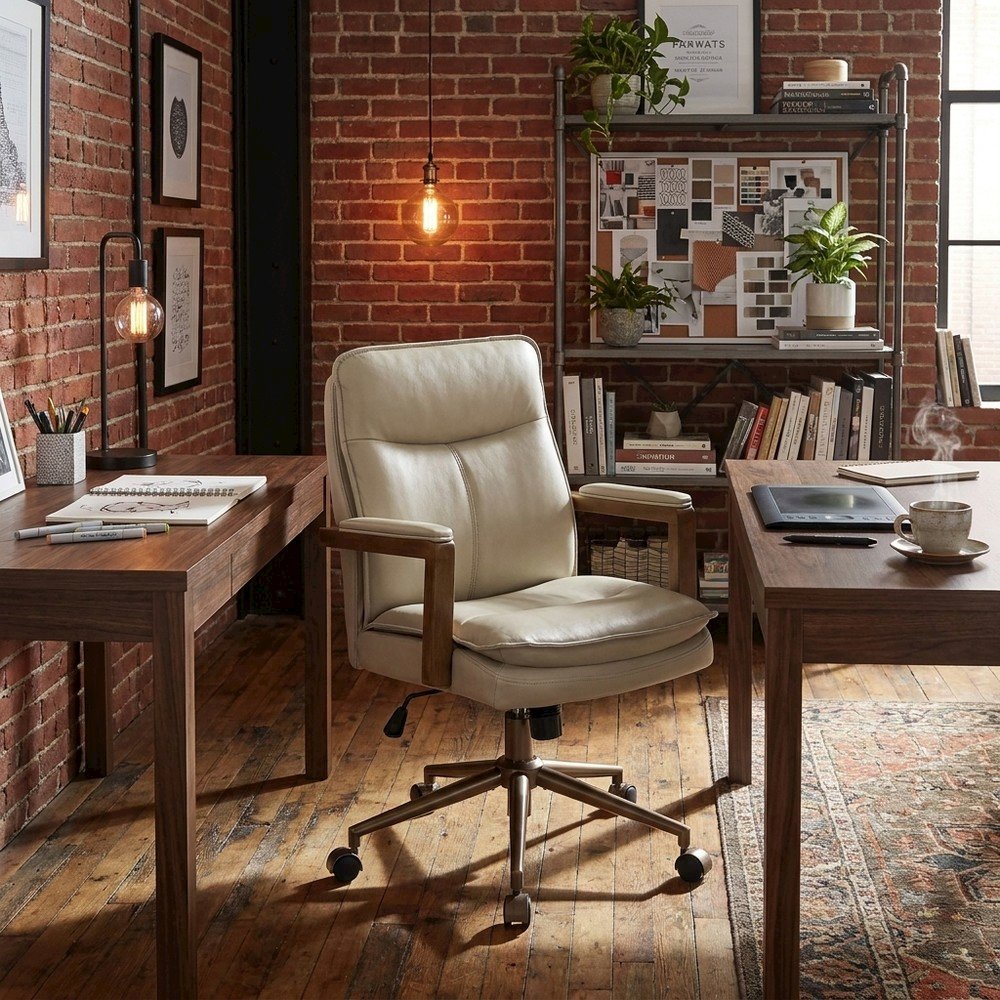 PU Leather Mid-Back Swivel Computer Desk Chair with Padded Seat and Arms, Taupe
