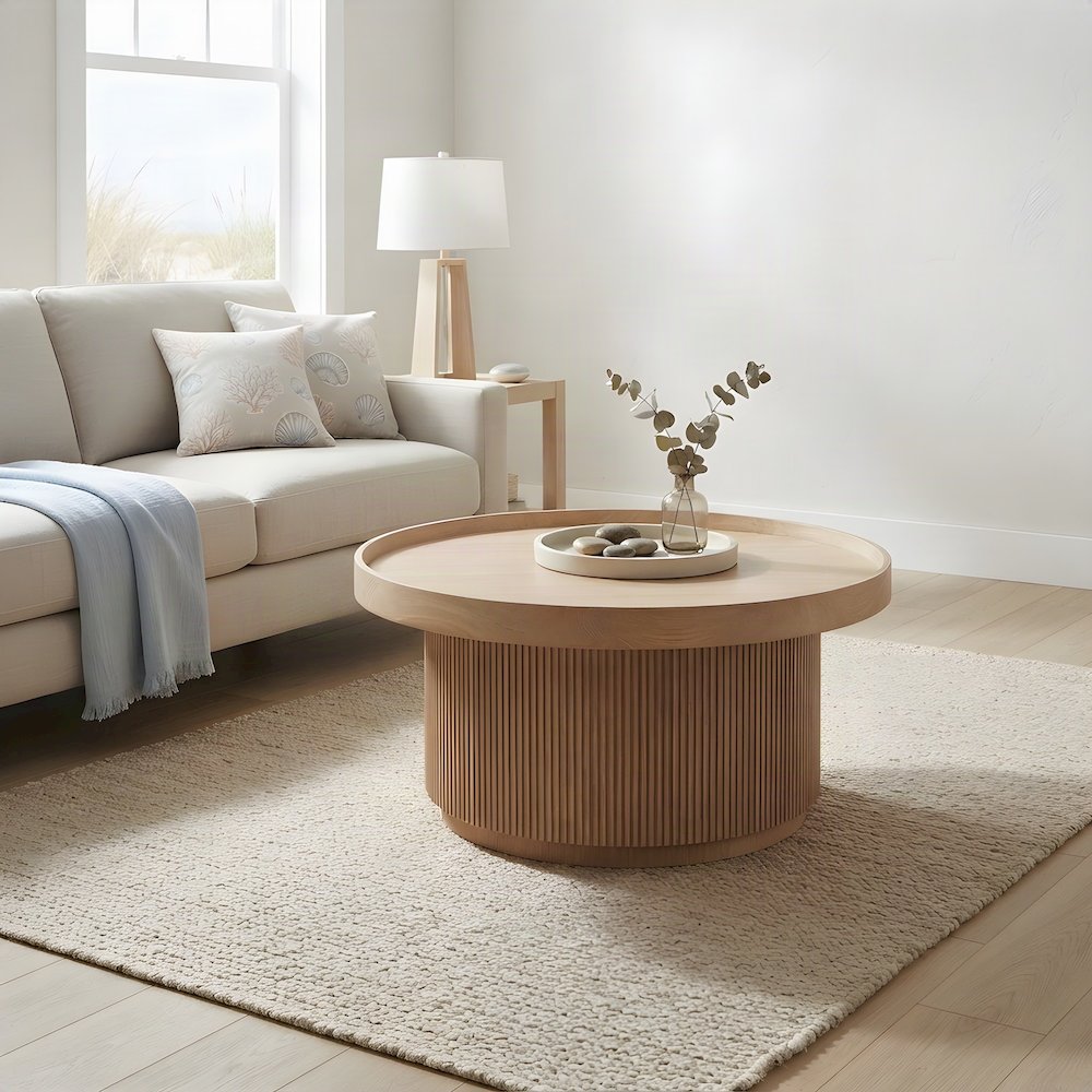 Veneer Round Coffee Table with Tambour-Wrapped Base and Casters, Natural Oak