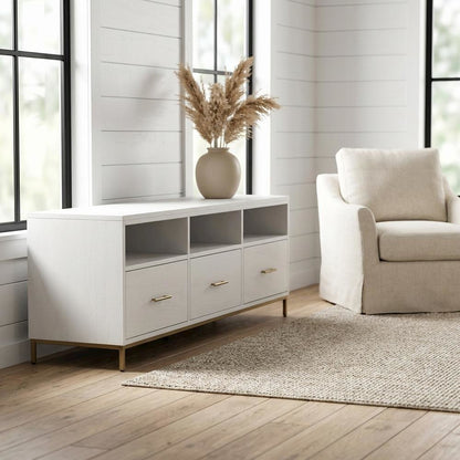 White modern contemporary TV console, mahogany solids, veneer construction