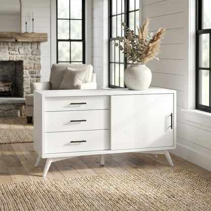 White Small TV Console with Mahogany Solids and Veneer, Modern Style