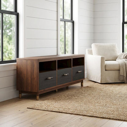 Black Mahogany Solids & Veneer TV Console with 3 Drawers and Modern Design