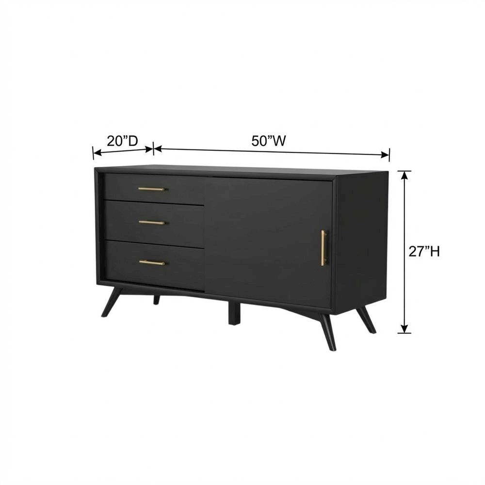 Black Small TV Console, Mid Century Modern Style, Rubberwood & Walnut Veneers