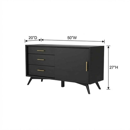 Black Small TV Console, Mid Century Modern Style, Rubberwood & Walnut Veneers