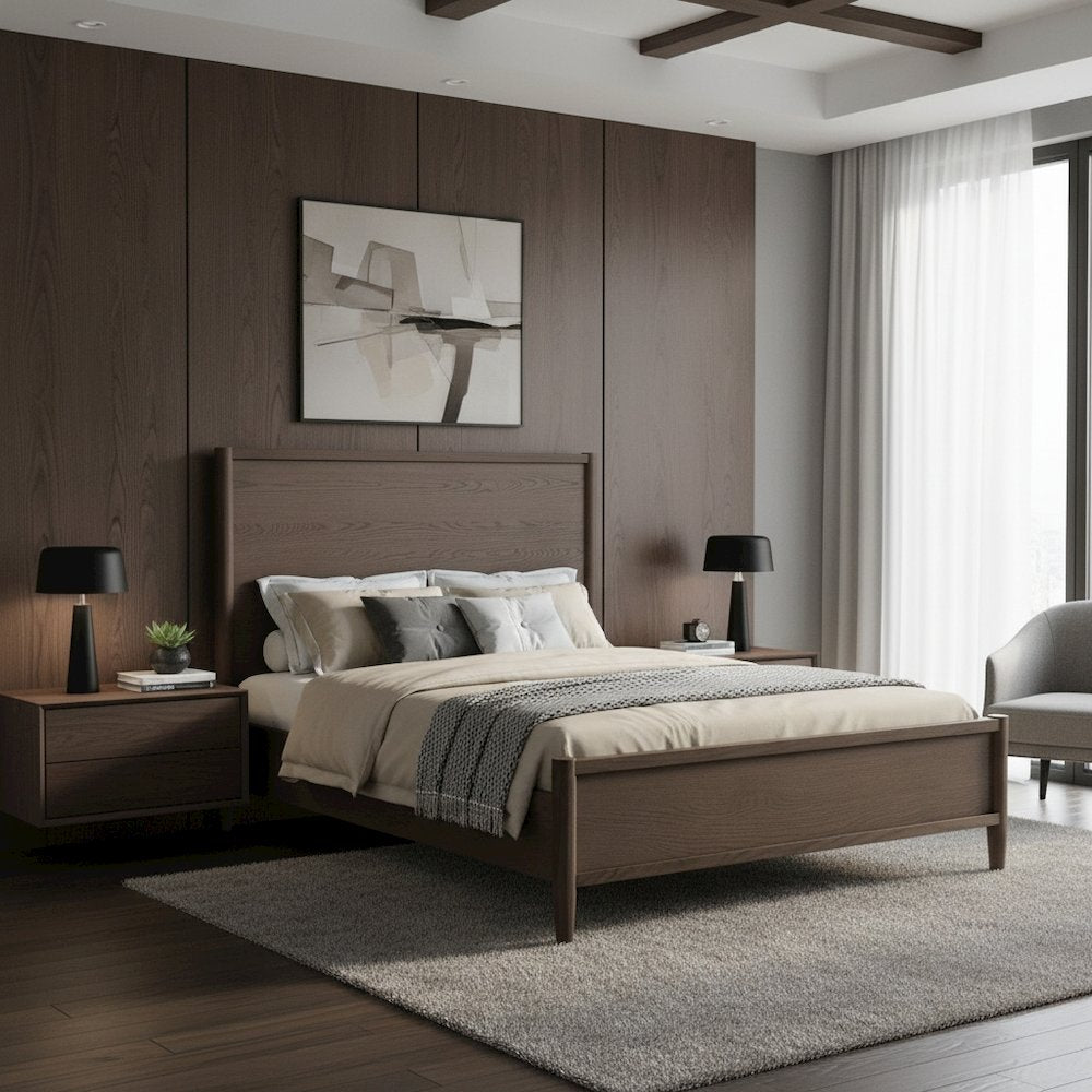 Walnut Full Panel Bed Modern Contemporary Design Single Piece Frame