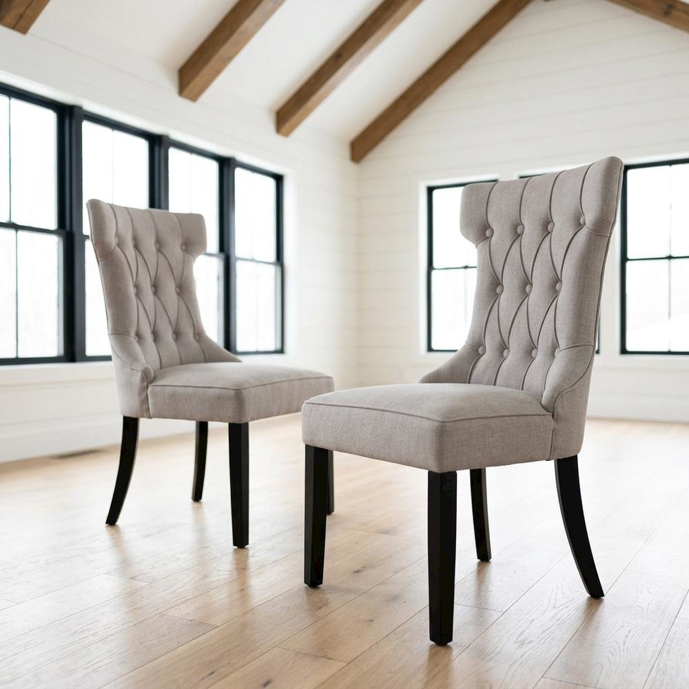 Solid Wood Linen-Upholstered Dining Chairs for Kitchen and Dining Room, Set of 2