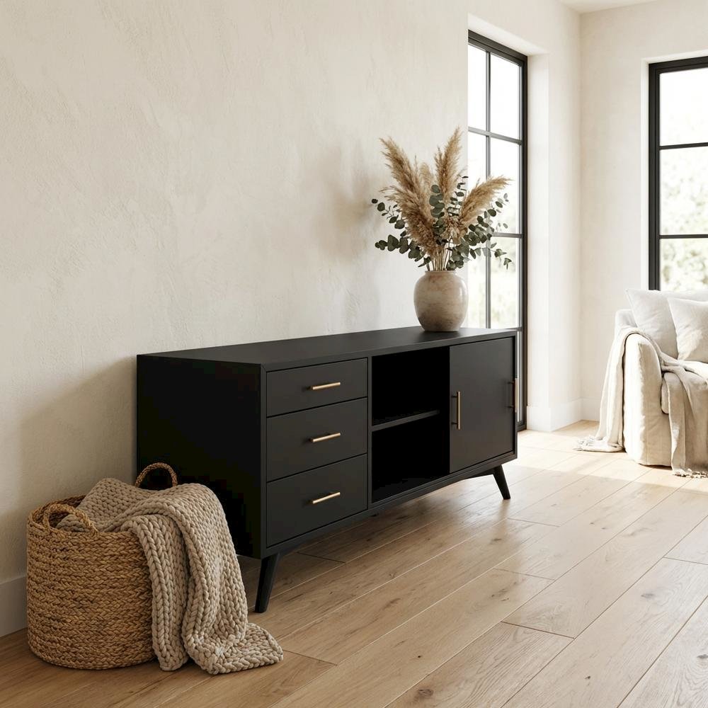 Black Mahogany-Like TV Console with Mid Century Modern Design