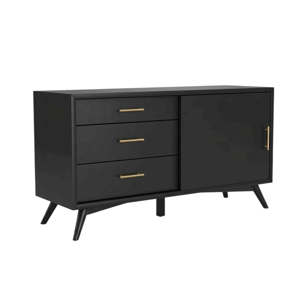 Black Small TV Console, Mid Century Modern Style, Rubberwood & Walnut Veneers
