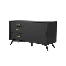 Black Small TV Console, Mid Century Modern Style, Rubberwood & Walnut Veneers