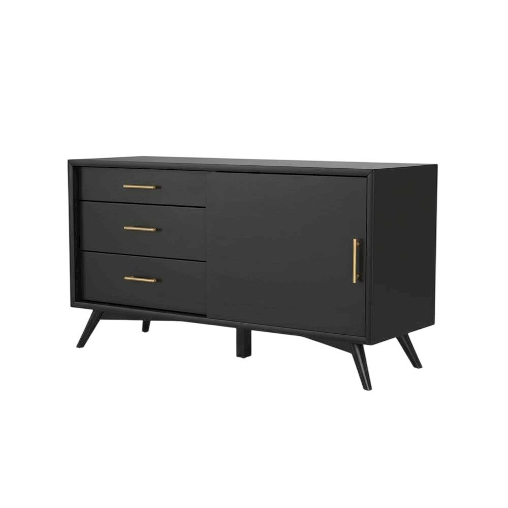 Black Small TV Console, Mid Century Modern Style, Rubberwood & Walnut Veneers