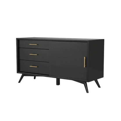 Black Small TV Console, Mid Century Modern Style, Rubberwood & Walnut Veneers