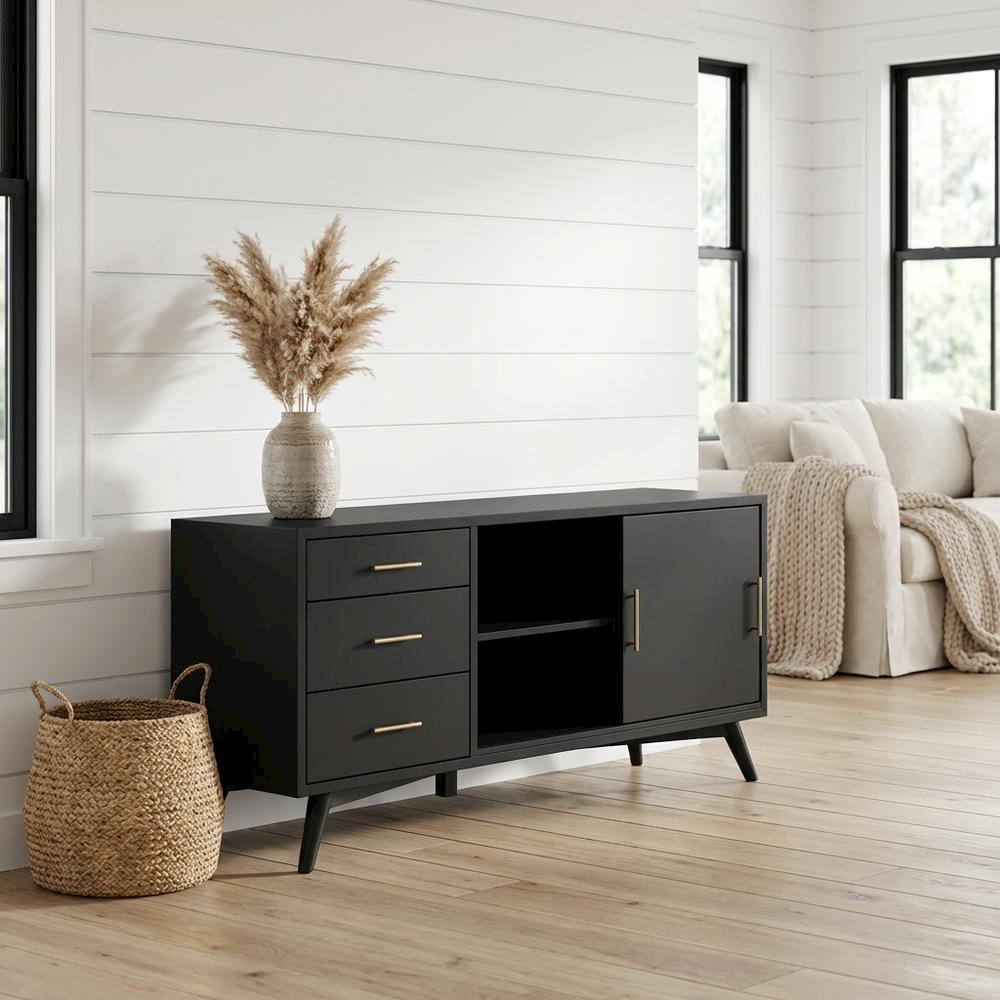 Black Mahogany-Like TV Console with Mid Century Modern Design