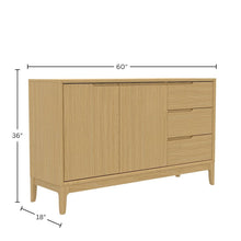 Light Oak Dining Server with Drawers and Modern Shelving Storage Unit
