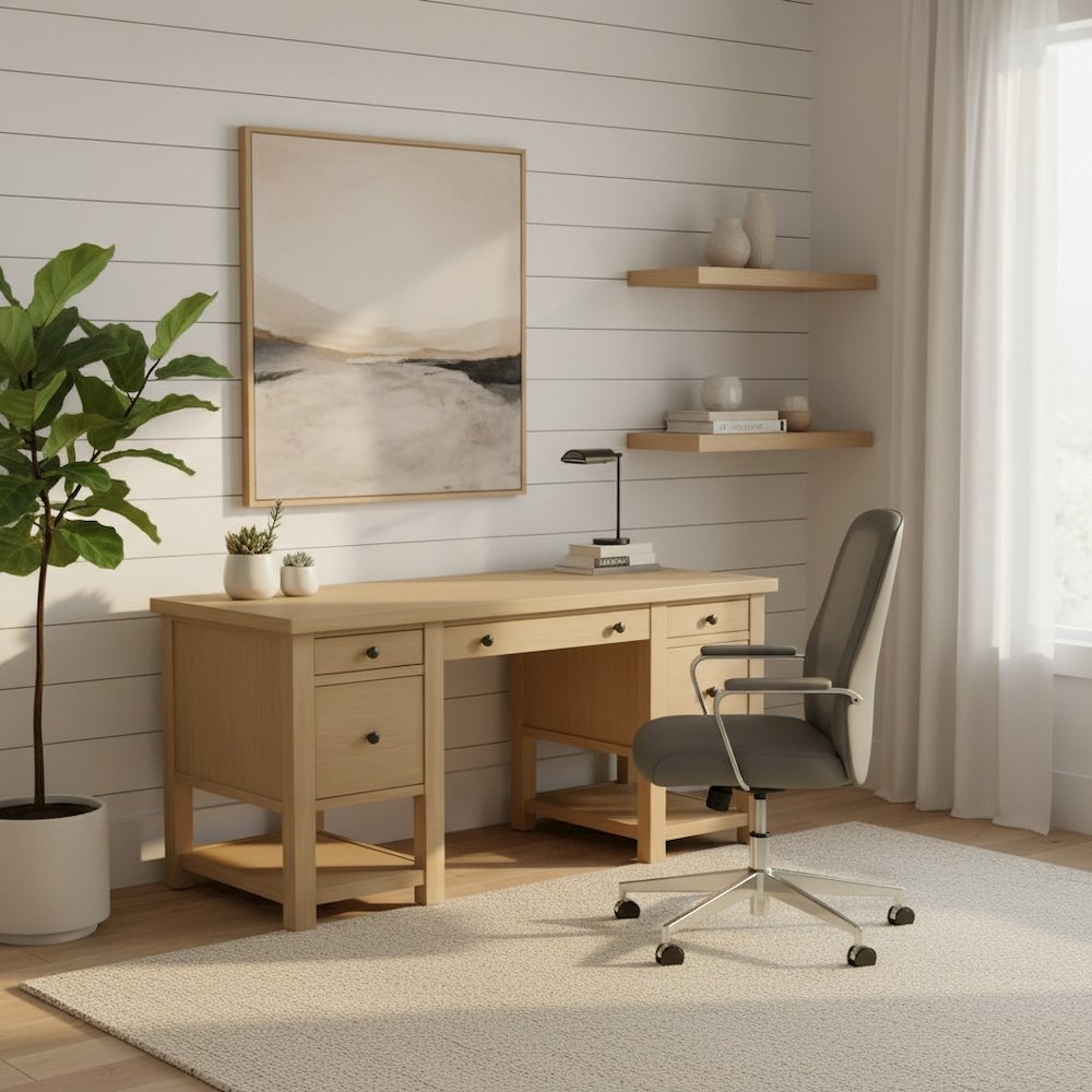 Light Wood Office Desk with Modern Farmhouse Style and Spacious Work Surface