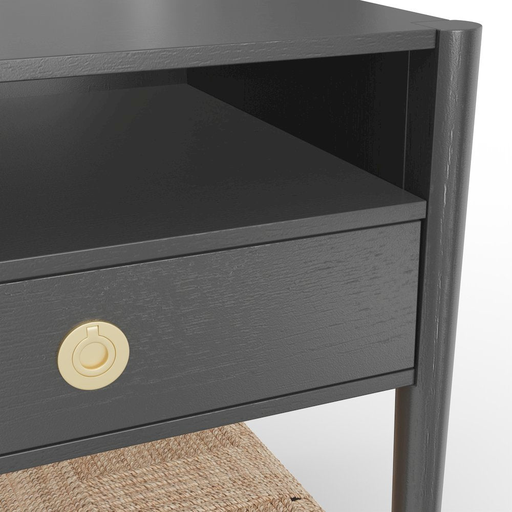 Charcoal Gray Modern Nightstand with Drawer Rubberwood Solids and Oak Veneer