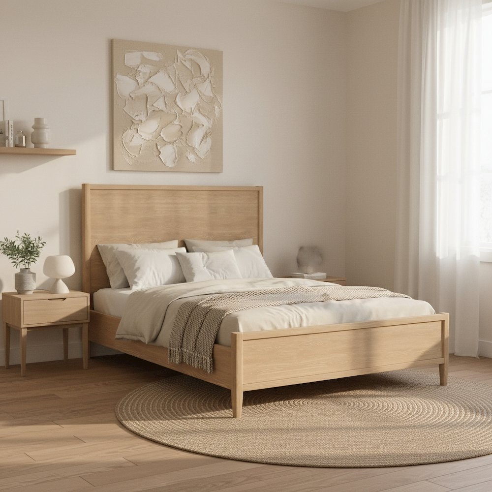 Light Wood Standard King Panel Bed Modern Contemporary Design