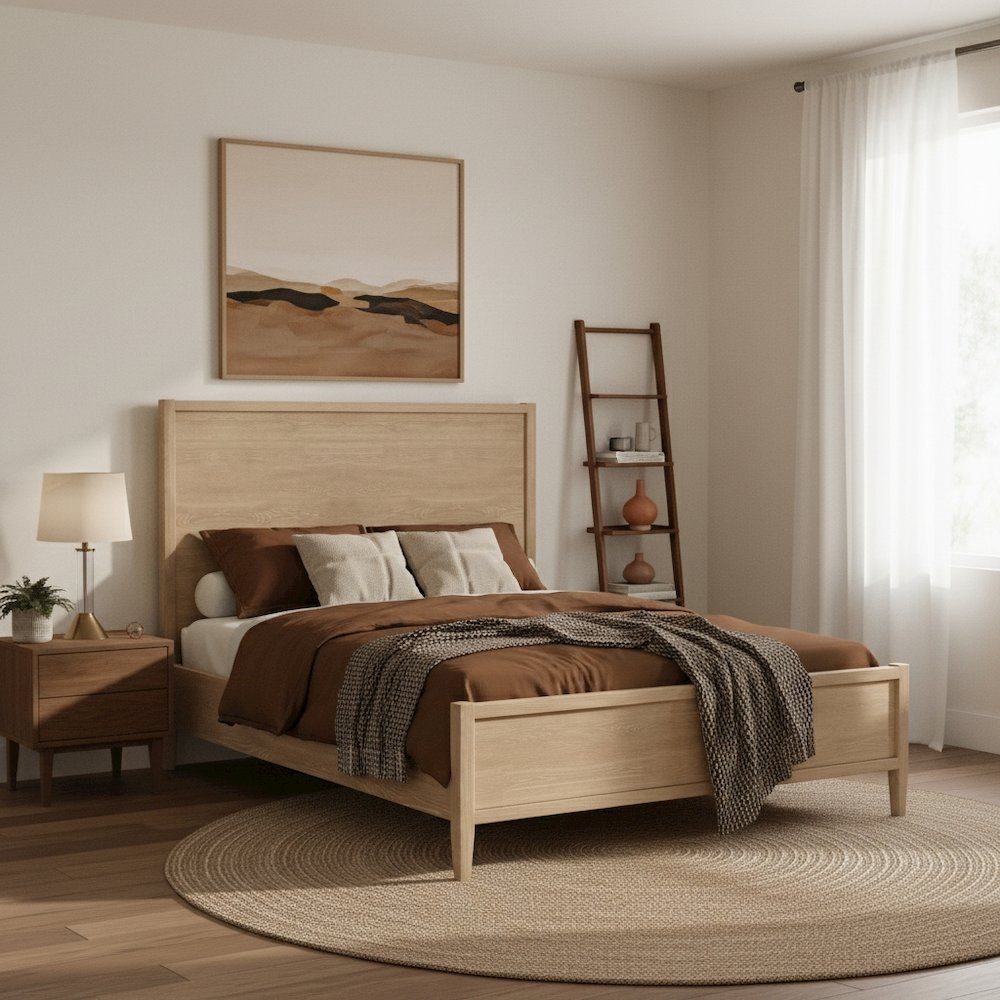 Queen Panel Bed Wood-Tone Modern Contemporary Design Solid Wood Frame