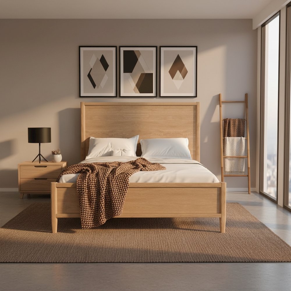 Queen Panel Bed Wood-Tone Modern Contemporary Design Solid Wood Frame