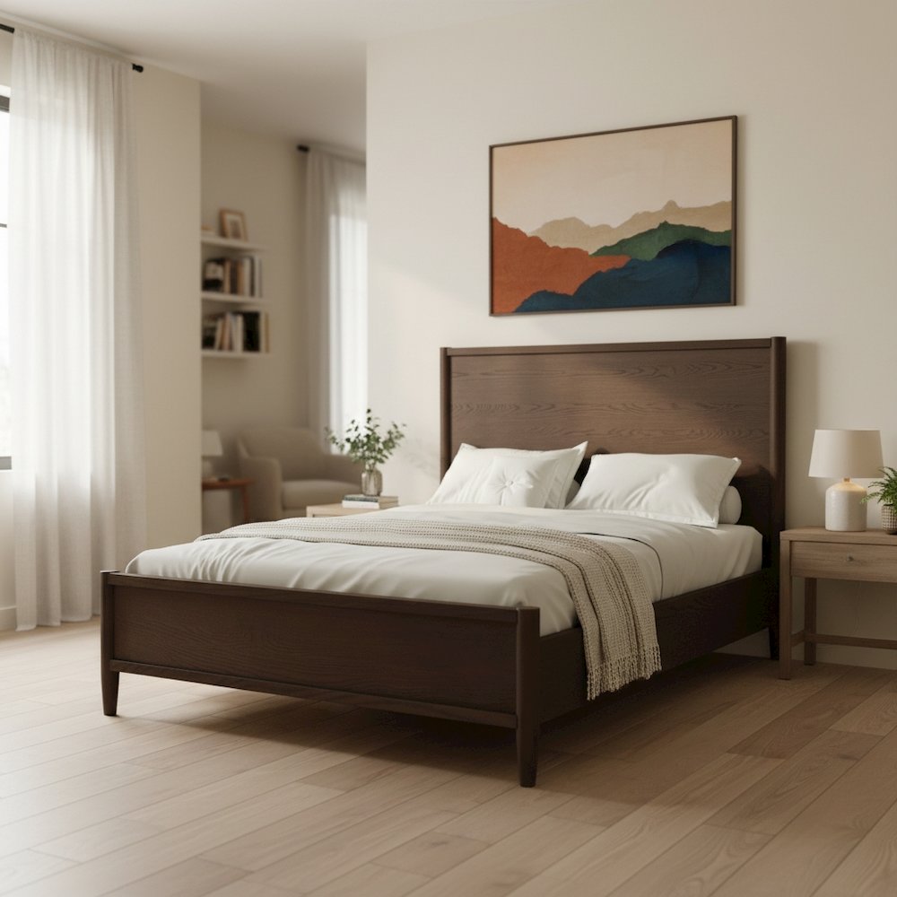 Walnut Panel Bed Modern Contemporary Design Single Piece Wooden Frame