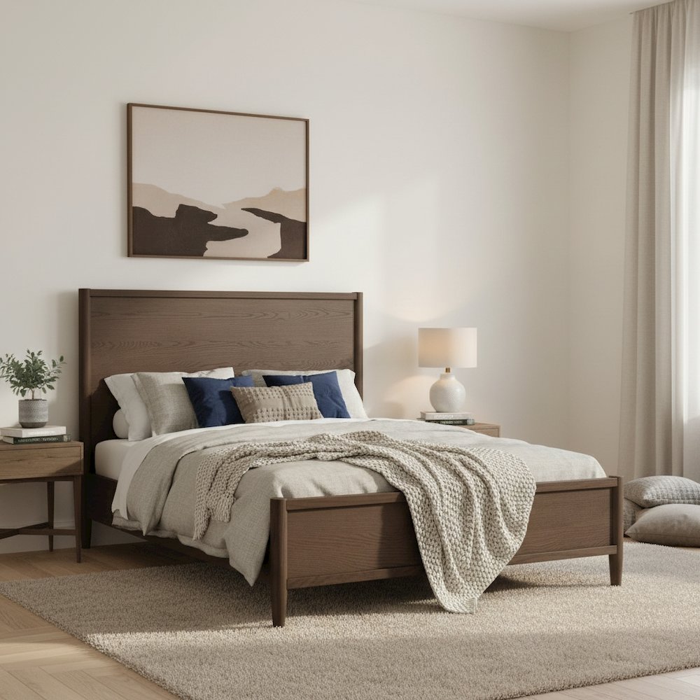 Walnut Panel Bed Modern Contemporary Design Single Piece Wooden Frame