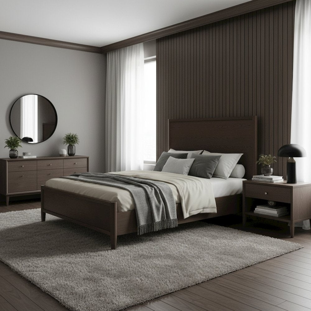 Walnut Full Panel Bed Modern Contemporary Design Single Piece Frame