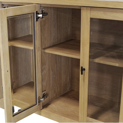 Glass and Wood Sideboard with Left and Right Cabinet Storage Farmhouse Design