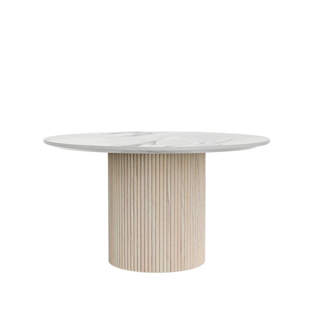 Round Dining Table White Wash Base Quartz Top Modern Design Solid Construction