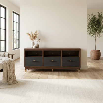 Black Mahogany Solids & Veneer TV Console with 3 Drawers and Modern Design